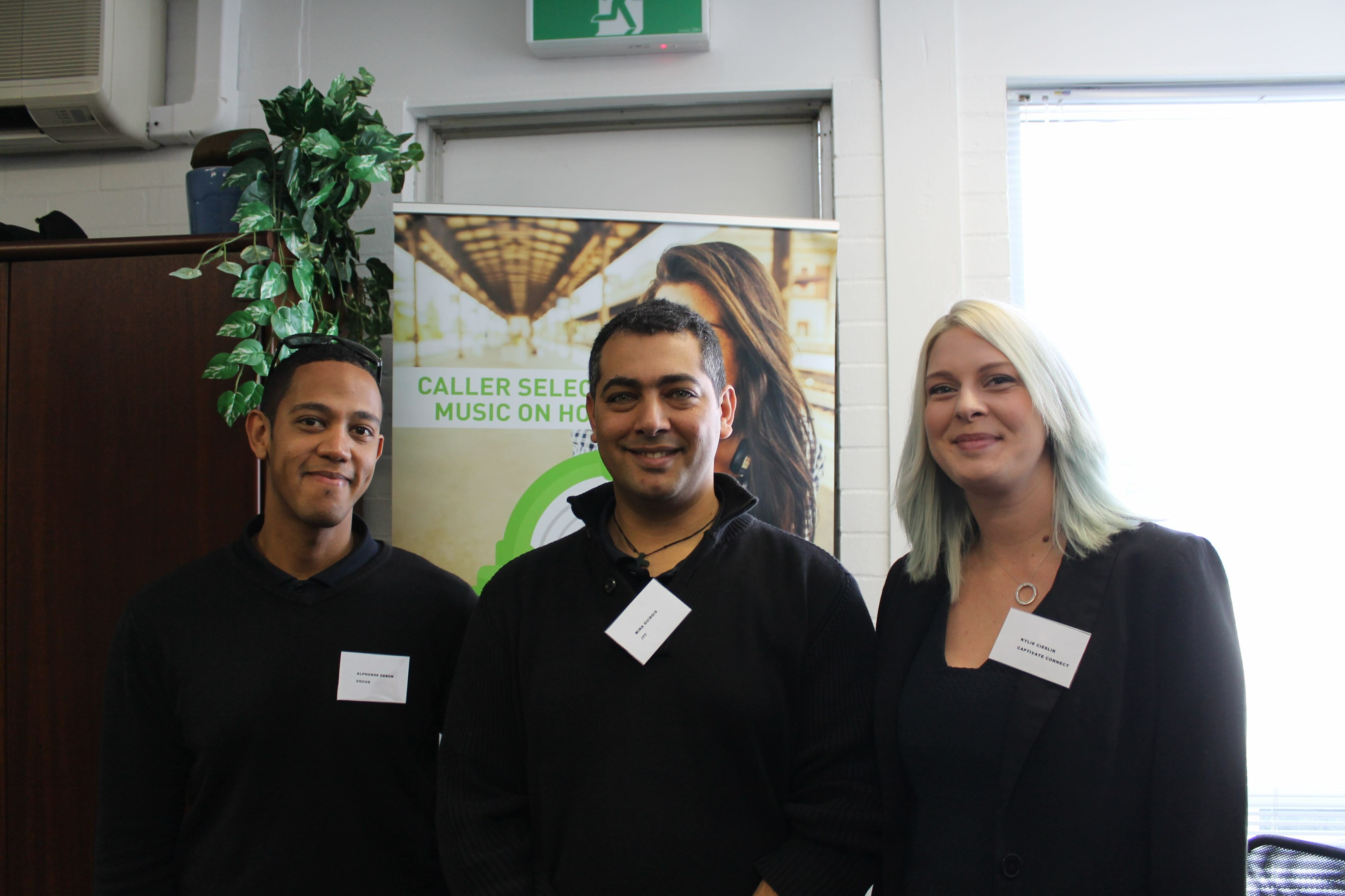 Alphonse (Rusty) Eason (business partner manager at Vocus Communications); Mina Guirgis (ITT), and Captivate Connect’s Kylie Cieslik.